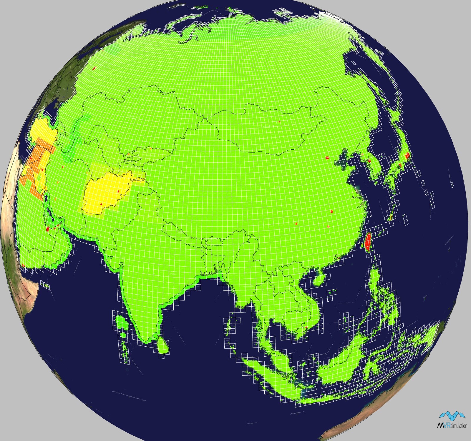 Geographic coverage of MetaVR's terrain tiles of South America.