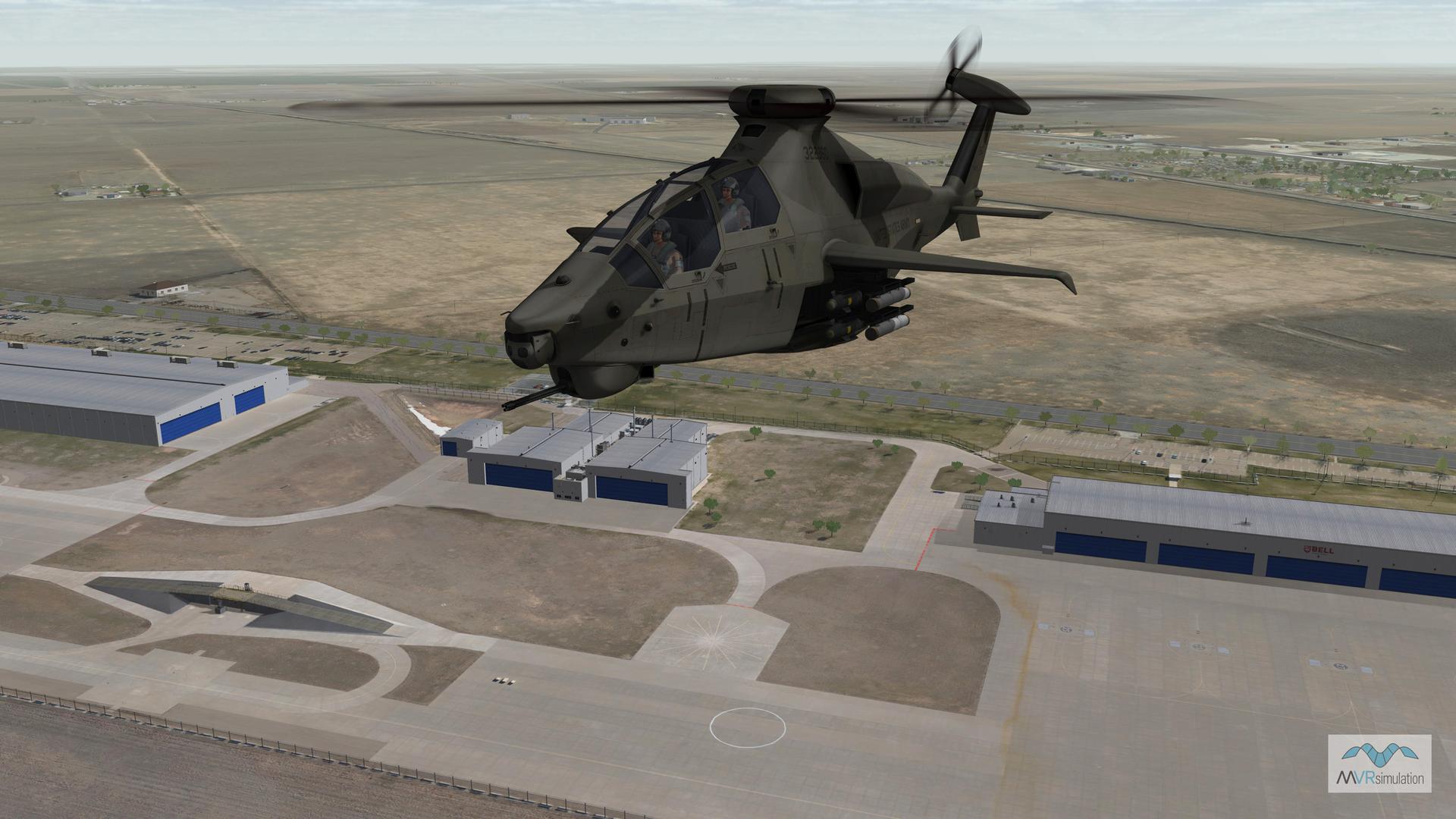 An MVRsimulation model of the Bell 360 Invictus in flight over the Bell facility at Rick Husband Amarillo International Airport (KAMA)