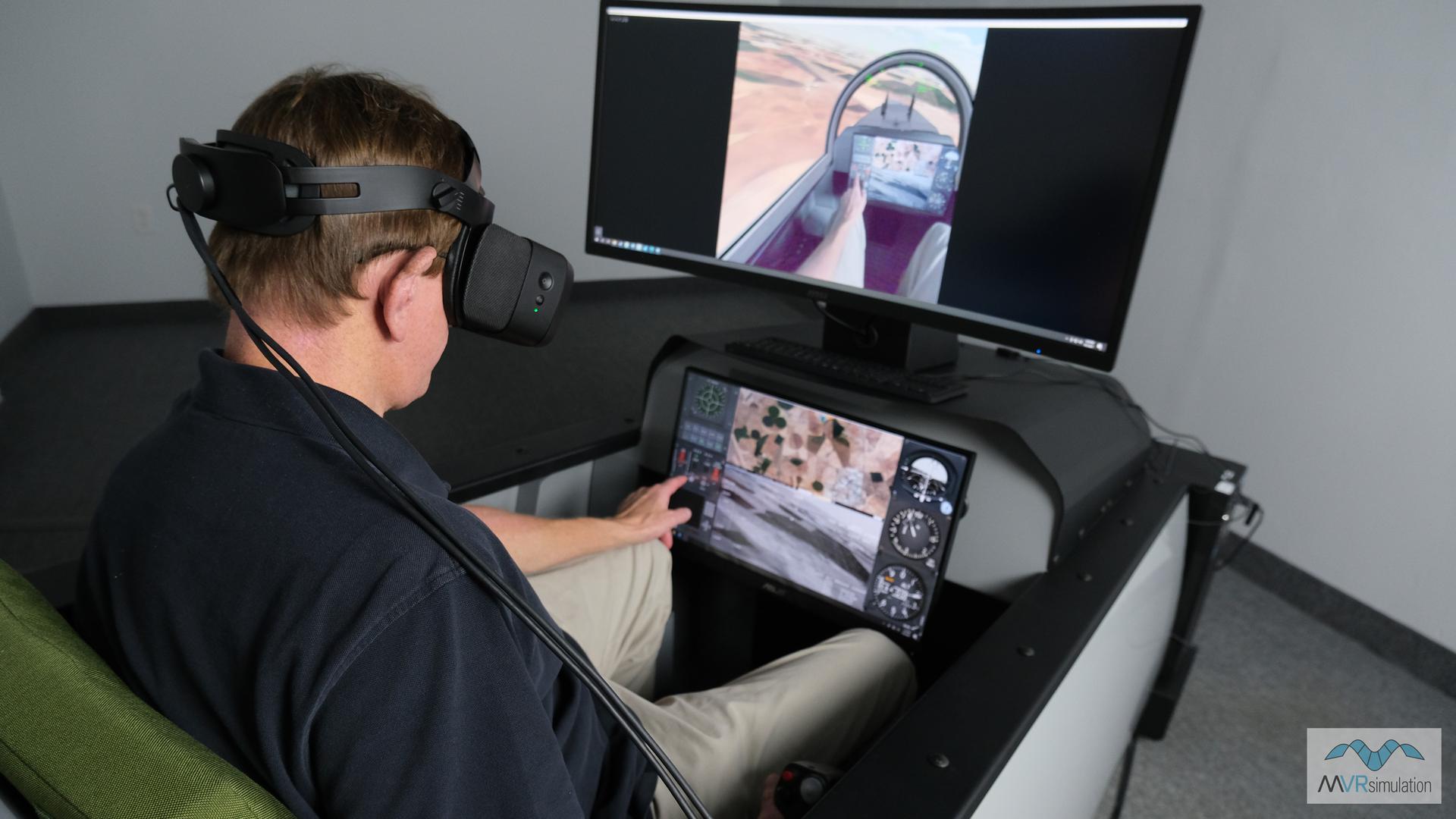 Flying in MVRsimulation's Part Task Mission Trainer (PTMT) wearing the Varjo XR-3 mixed reality headset. VRSG renders the out-the-window view in the headset and on the curved display.