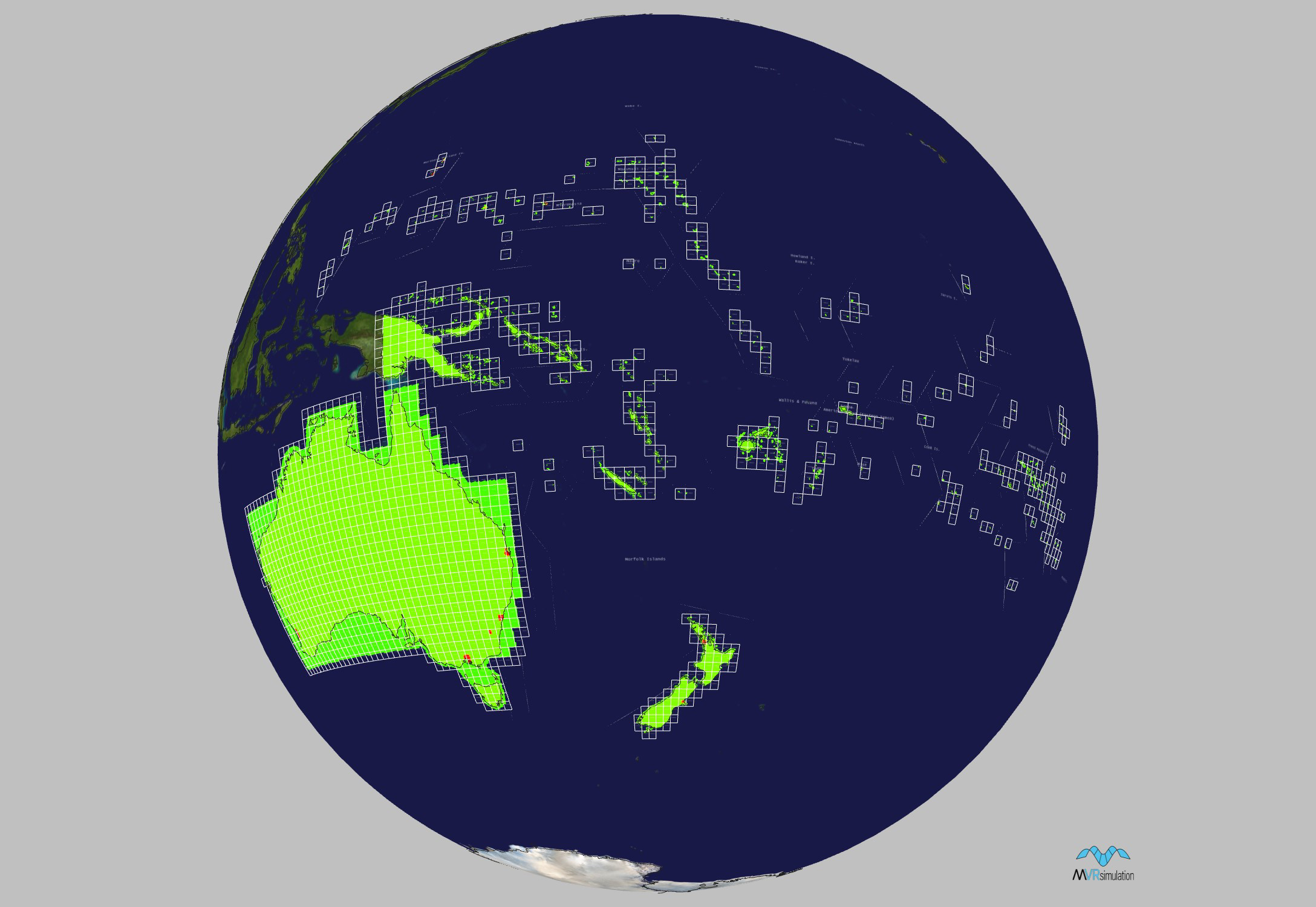 Geographic coverage of MetaVR's terrain tiles of Australia and Oceania. 