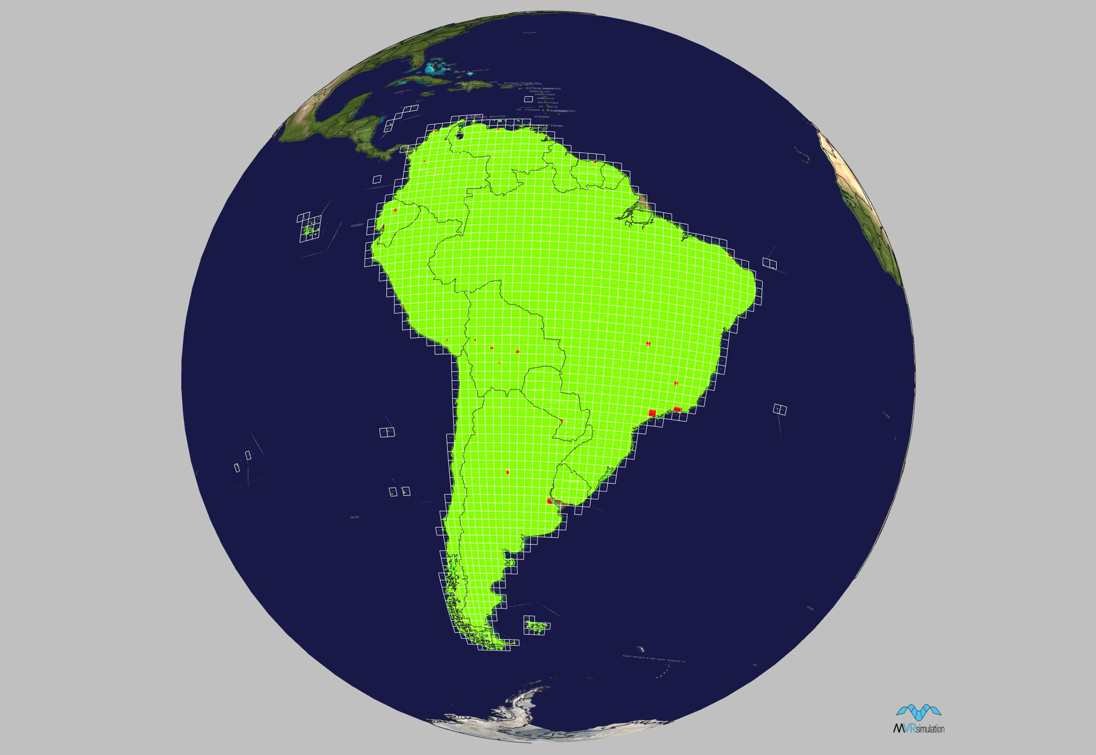 Geographic coverage of MetaVR terrain tiles of South America.