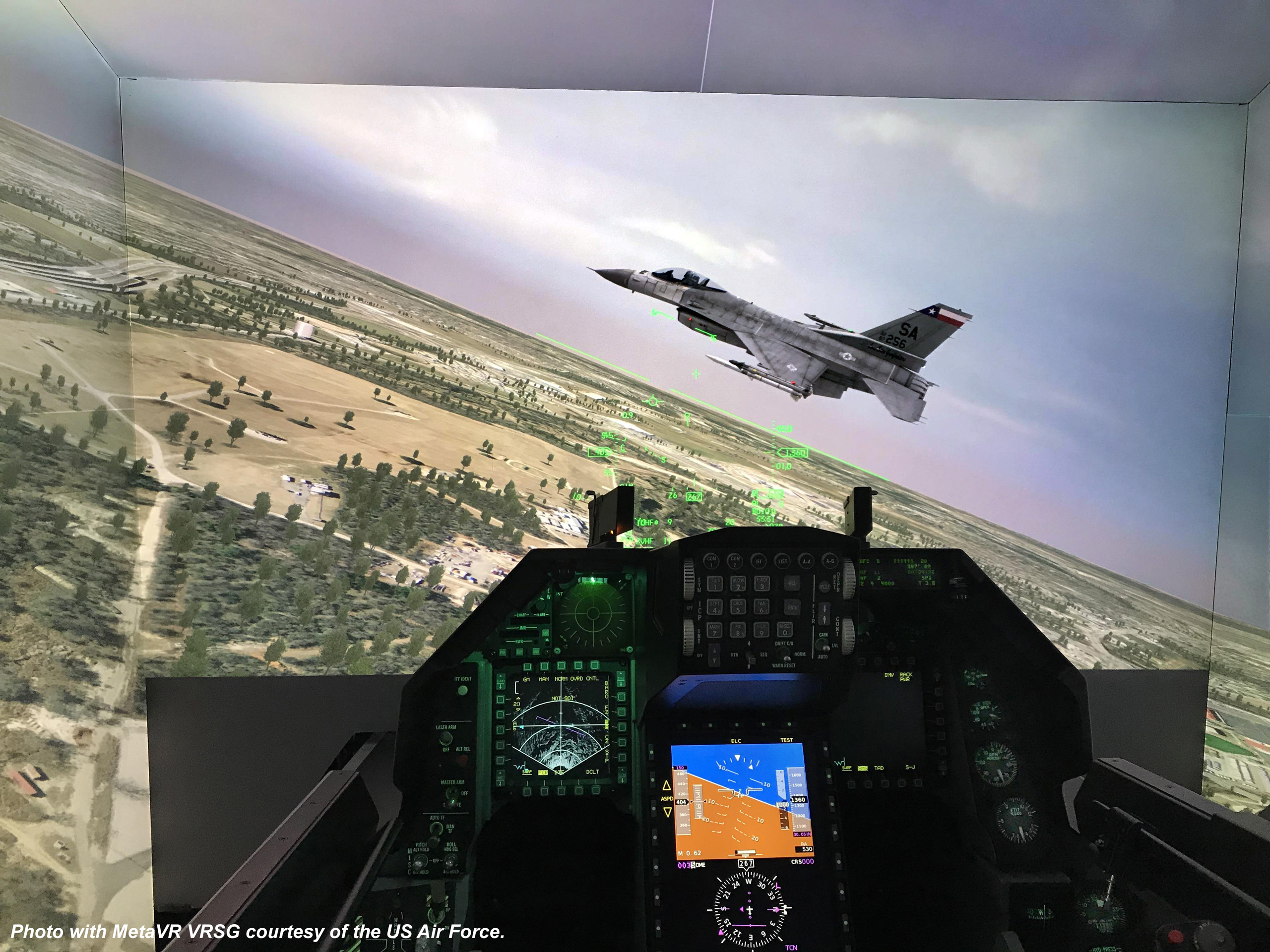 MetaVR VRSG in one of the two F-16C Block 30 simulators at Kelly Field (KSKF). (Photo courtesy of the U.S. Air Force.)