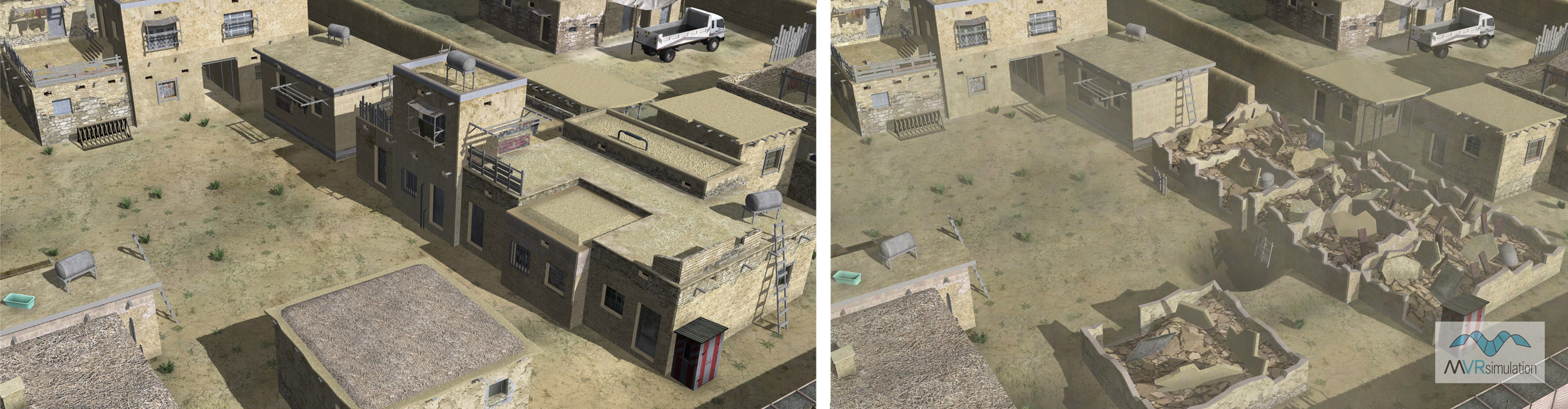 MVRsimulation VRSG real-time scene featuring residential building models in virtual Khairabad, Afghanistan, with no destruction, and with a combination of partial damage and total destruction.