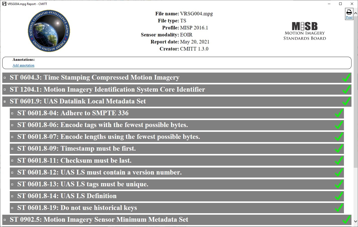 CMITT tool, showing that VRSG KLV is compliant.