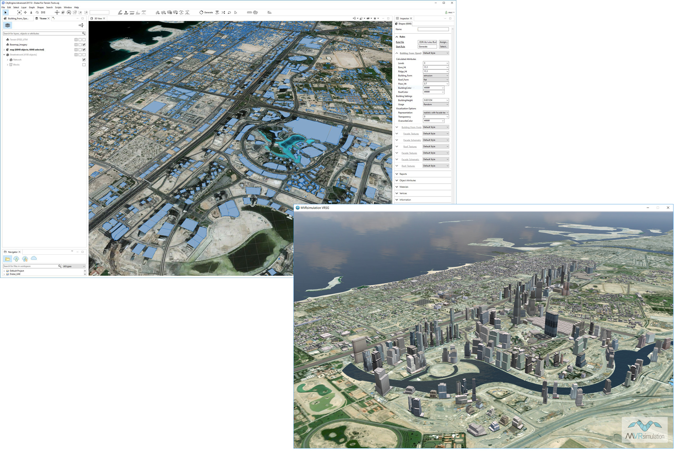 MVRsimulation's high-resolution (60 cm) city of Dubai in Esri CityEngine prior to exporting over 6,000 realistic 3D building models, in FBX format for conversion to MVRsimulation's model format, and resulting city rendered in VRSG. Terrain was built with MVRsimulation Terrain Tools for ArcGIS.