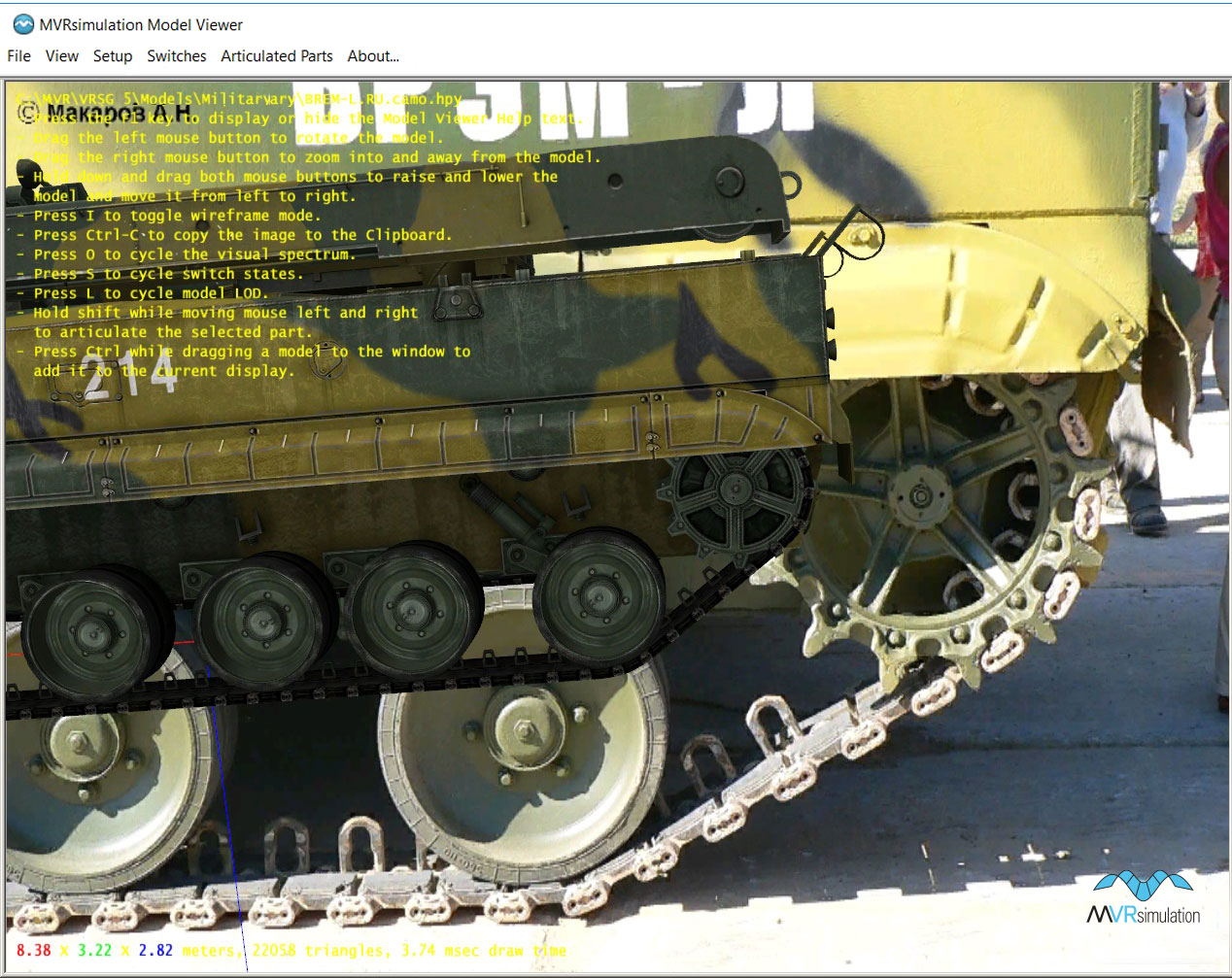 Another view of MetaVR's BREM-L model displayed in the Model Viewer against a different publicly available photograph of the actual vehicle used as a background reference image. (Photo credit: Makarov Aleksey at Prime Portal.)