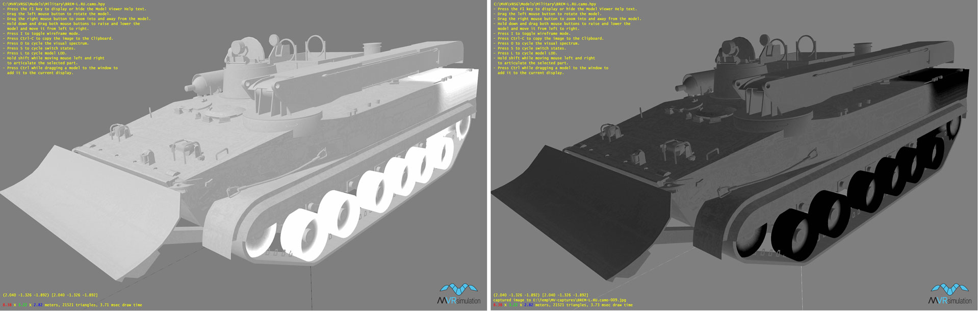 Previewing the model in IR white-hot and black-hot sensor modes in the Model Viewer.