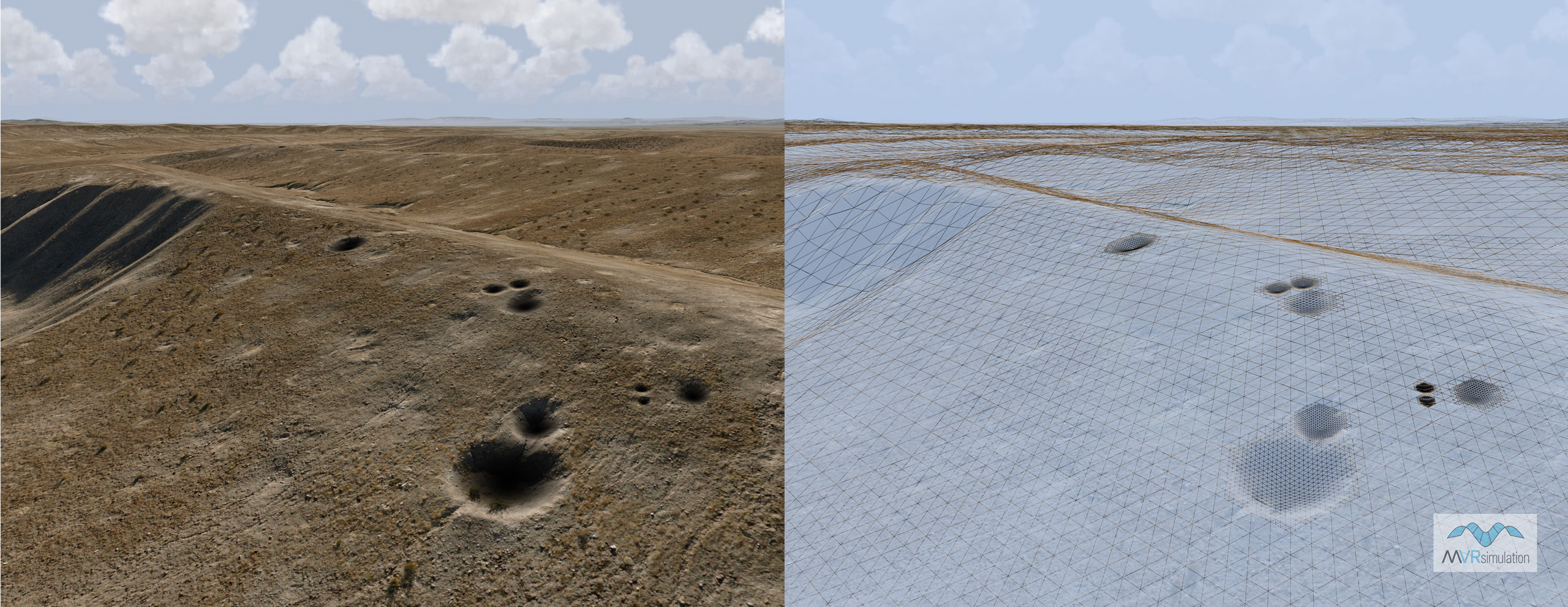 MVRsimulation VRSG real-time scenes of textured and wireframe views of craters created from a particle effects explosion. The scenes are rendered on 2 cm per-pixel resolution virtual terrain of the Prospect Square area at the U.S. Army Yuma Proving Ground, AZ. The terrain was built with 2 cm imagery collected by MVRsimulation’s small UAV.