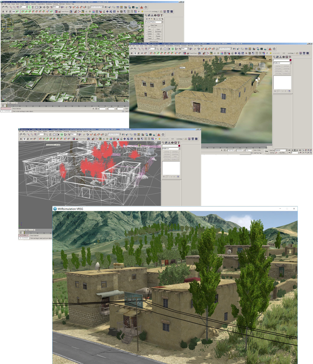 Constructing high-resolution, photorealistic buildings for MVRsimulation's virtual Afghanistan terrain in Autodesk 3ds Max.