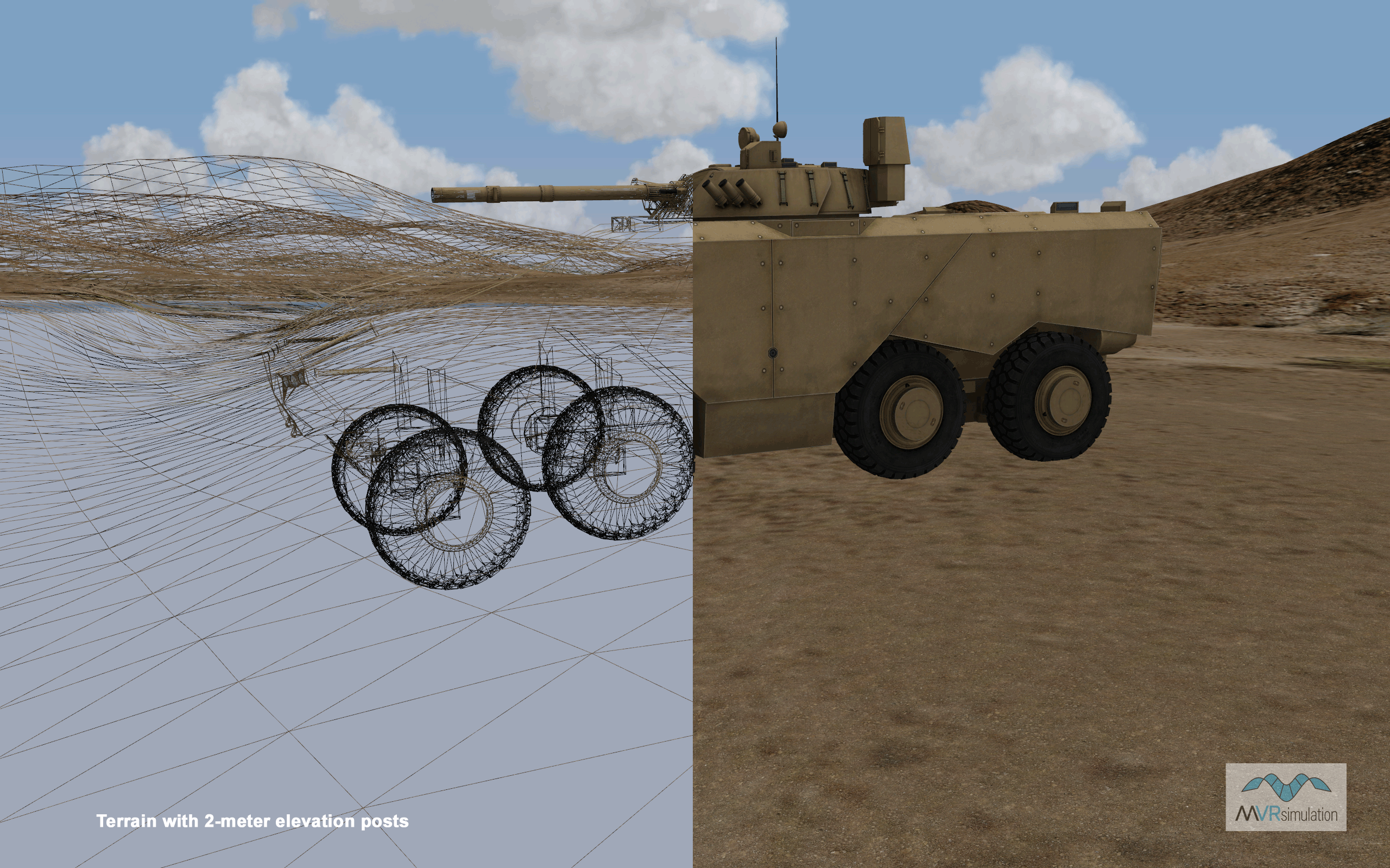 Cycling through the effect of the elevation data on suspension with MVRsimulation's model of Enigma 8x8 vehicle.