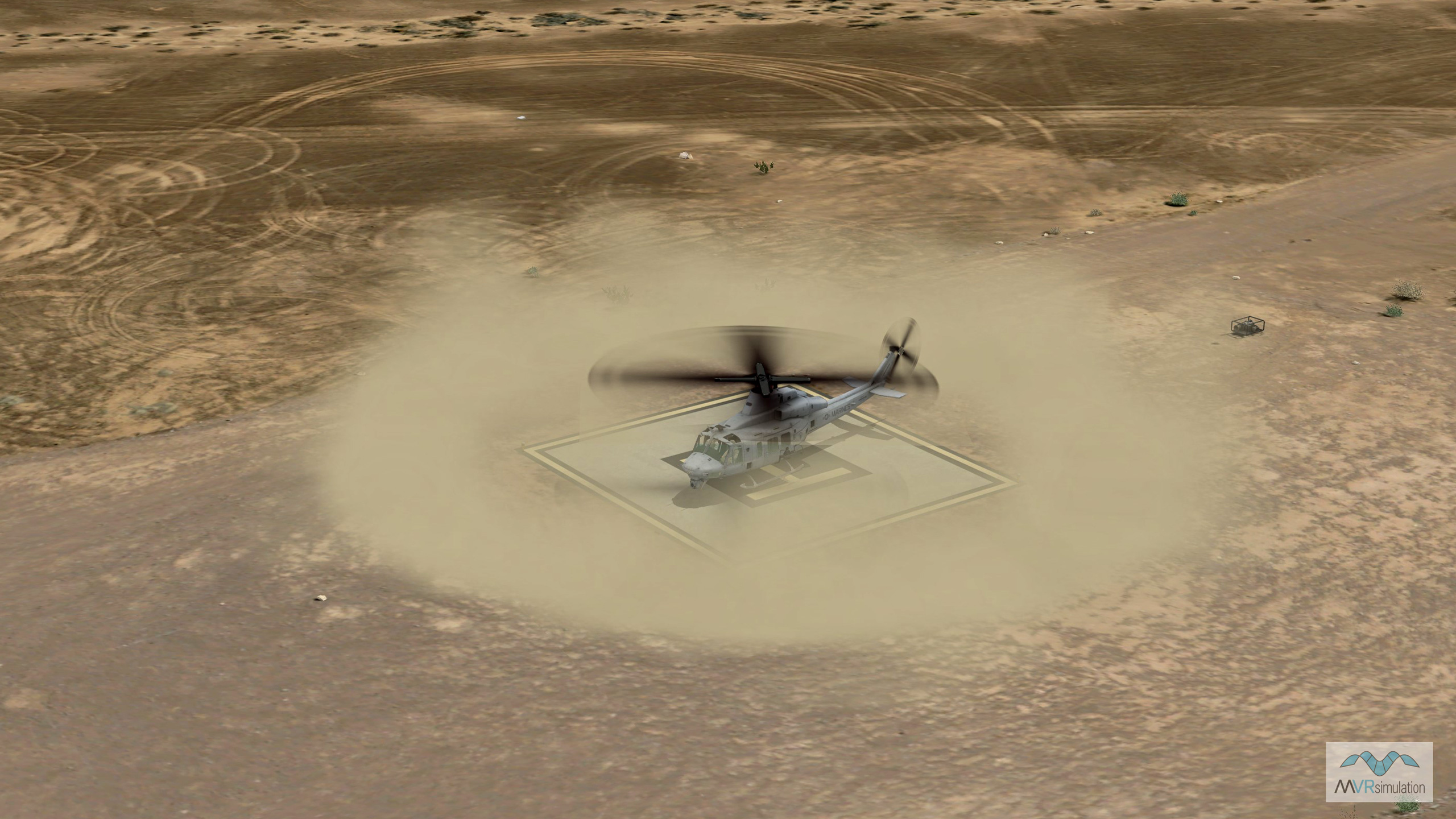 Example of MVRsimulation VRSG's simulated brown-out dust effect. The scene shows a UH-1Y entity model preparing for take-off, with dust generated by particle effects per rotor.