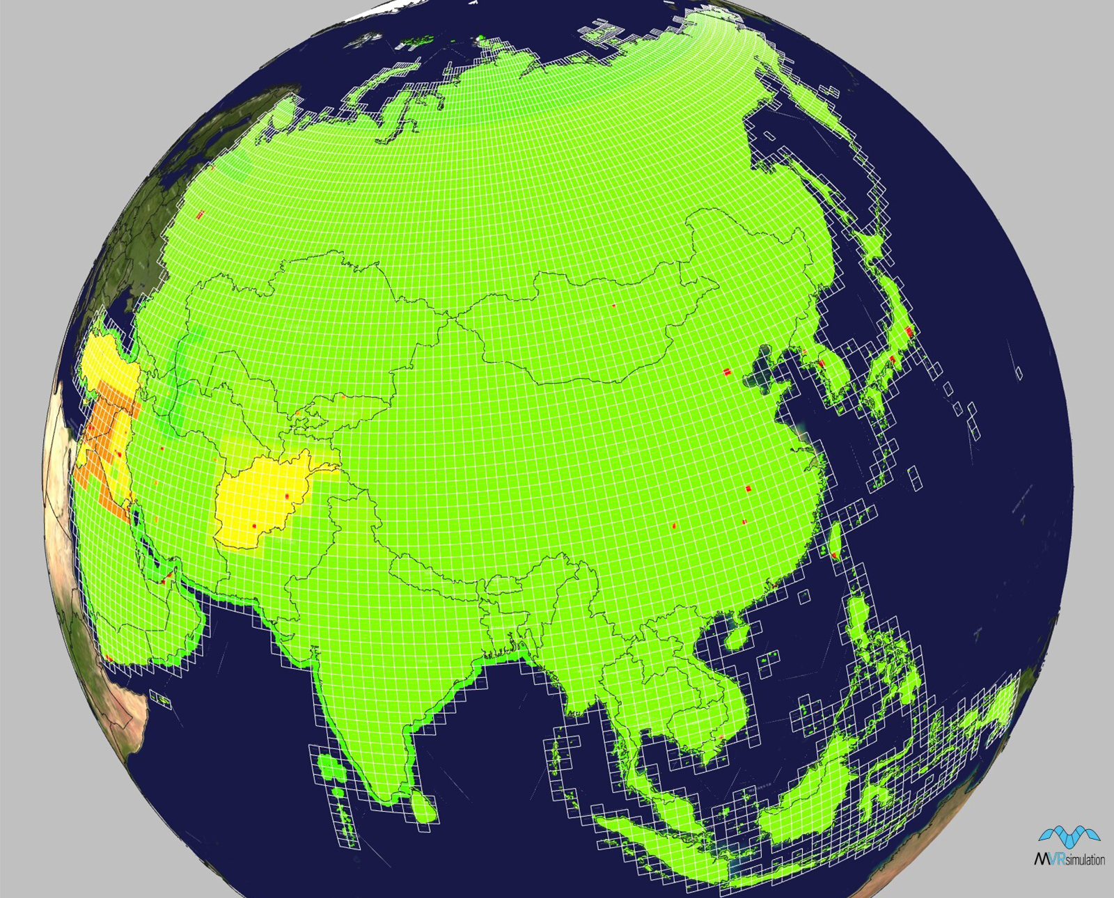 Geographic coverage of MetaVR's terrain tiles of South America.
