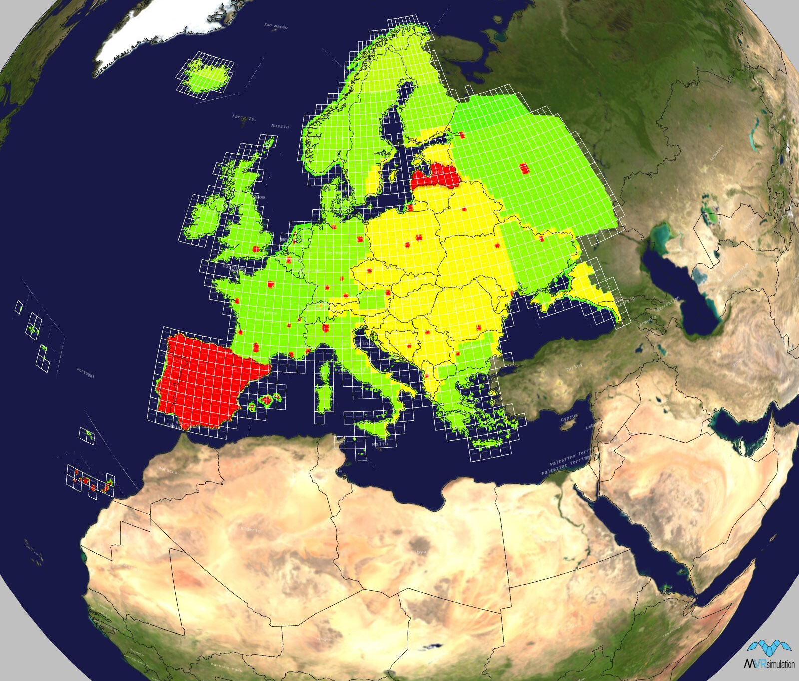 MVRsimulation coverage map of Europe 3D terrain.