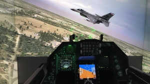 Cockpit view from an F-16 simulator at Kelly Field with MVRsimulation VRSG. (Photo: USAF.)