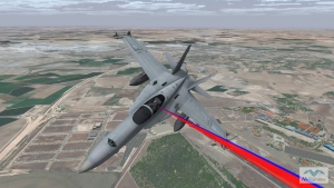 MVRsimulation VRSG real-time scene visualizing the gaze of the wearer of a Varjo XR-3 mixed-reality headset through the collection of eye-tracking data. The scene features an FA-18C entity with Finnish markings in flight over 3D terrain of Albacete Air Base, Spain. 