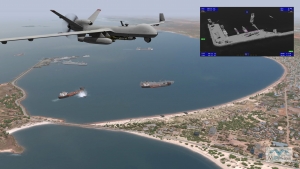 MVRsimulation VRSG scene of a Reaper RPA entity over virtual Kismayo, Somalia. Inset image shows VRSG's simulated RPA camera view.